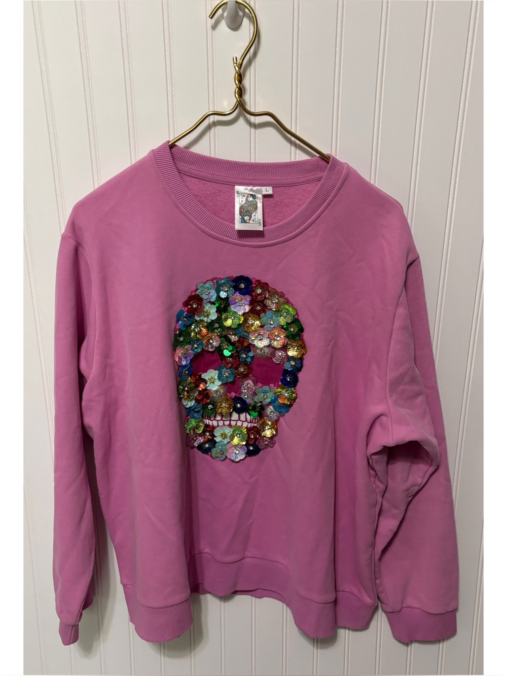 QUEEN OF SPARKLES 3D Flower Skull CrewNeck Pink Sweatshirt Womens Size Large